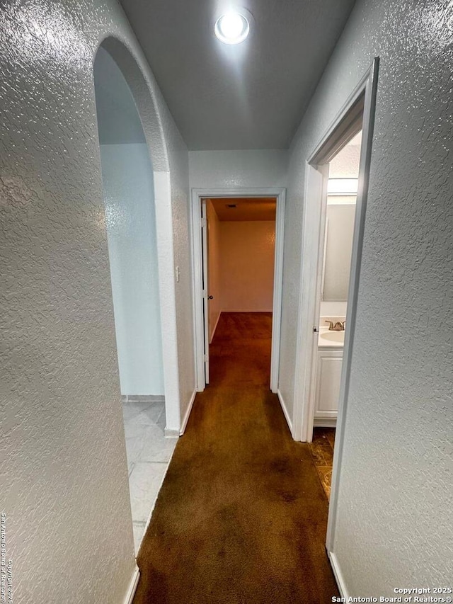 hallway featuring sink and carpet floors