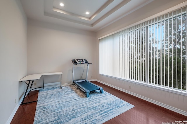 workout area with a tray ceiling and dark wood-type flooring