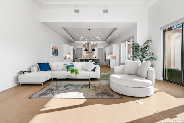 living room featuring a tray ceiling and light hardwood / wood-style floors