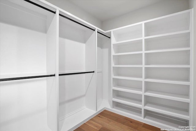 walk in closet featuring a barn door and hardwood / wood-style floors