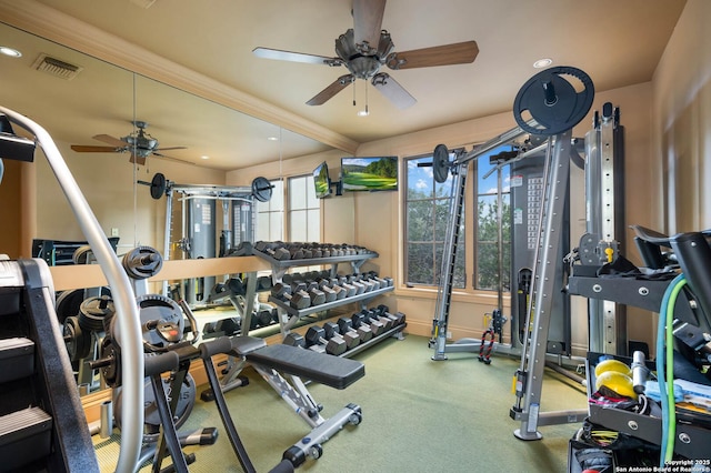 gym featuring ceiling fan