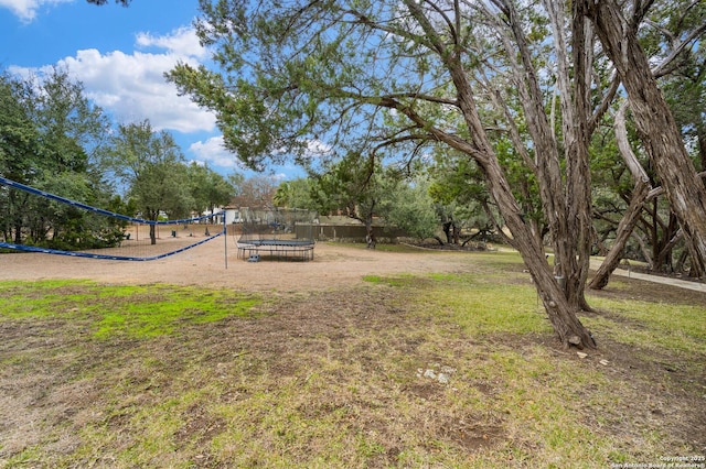 view of yard featuring volleyball court and a trampoline