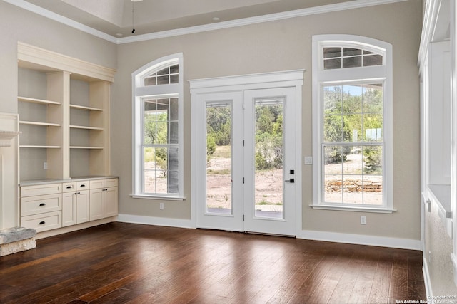 entryway featuring ornamental molding, a healthy amount of sunlight, and dark hardwood / wood-style flooring