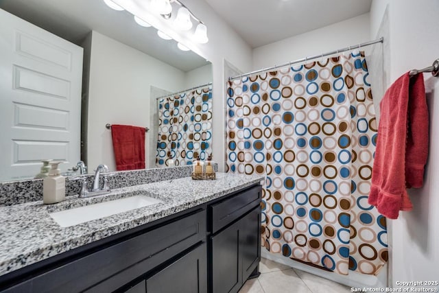 bathroom with vanity, tile patterned floors, and a shower with shower curtain