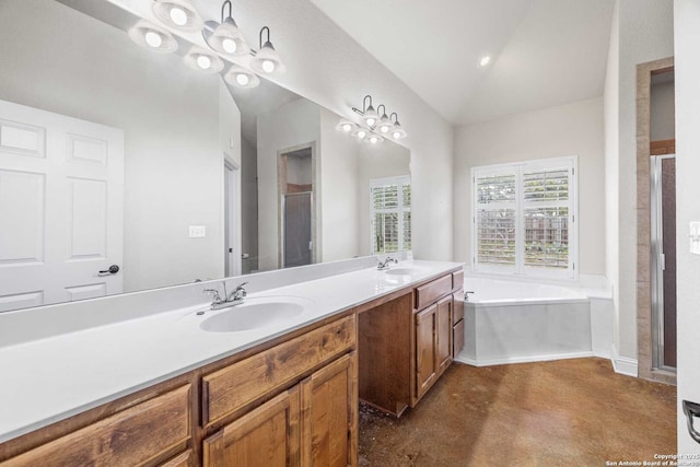 bathroom featuring vaulted ceiling, vanity, and plus walk in shower