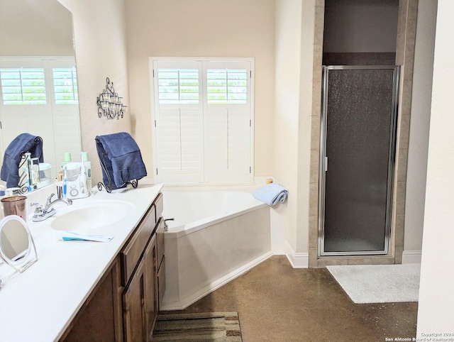 bathroom featuring independent shower and bath, vanity, and concrete flooring