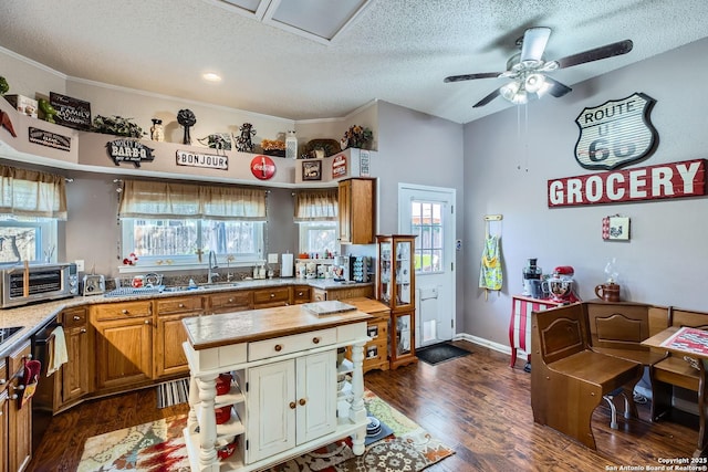 kitchen featuring dark hardwood / wood-style floors, sink, ornamental molding, ceiling fan, and a textured ceiling