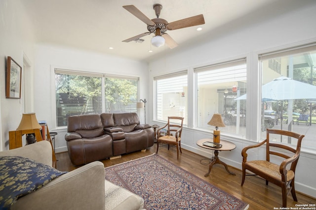 living room with ceiling fan and wood-type flooring