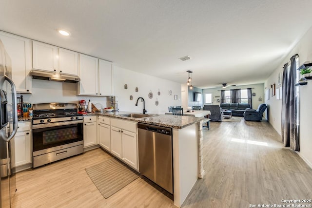 kitchen with white cabinetry, stainless steel appliances, kitchen peninsula, and sink