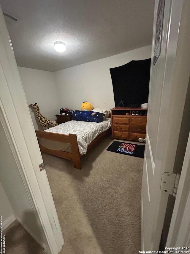 bedroom with carpet floors and a textured ceiling