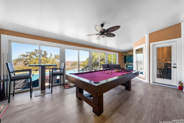 game room with lofted ceiling, ceiling fan, pool table, and wood finished floors