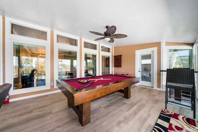 playroom with ceiling fan, pool table, wood finished floors, and baseboards