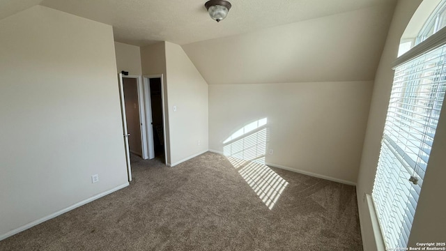 additional living space with vaulted ceiling, a textured ceiling, and dark carpet