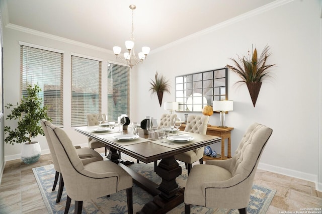 dining area with crown molding and a notable chandelier