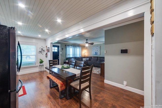 dining space with a healthy amount of sunlight, dark wood-type flooring, wooden ceiling, and ceiling fan