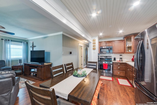 dining space with crown molding, ceiling fan, wooden ceiling, and dark hardwood / wood-style flooring