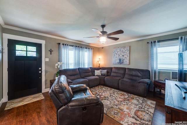 living room featuring crown molding, dark wood-type flooring, plenty of natural light, and ceiling fan