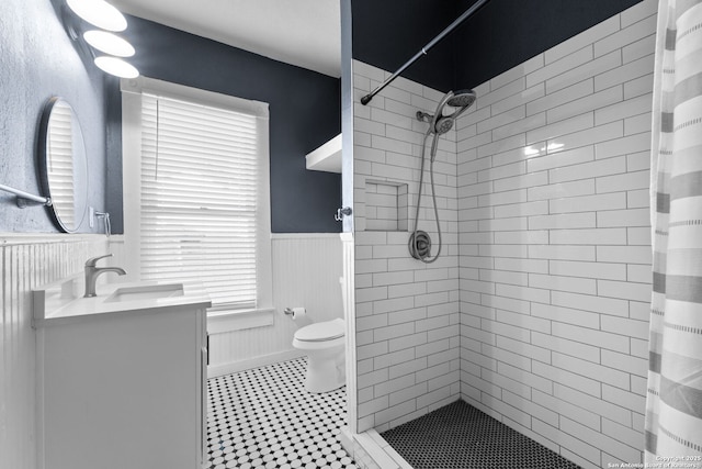 bathroom featuring vanity, curtained shower, and toilet