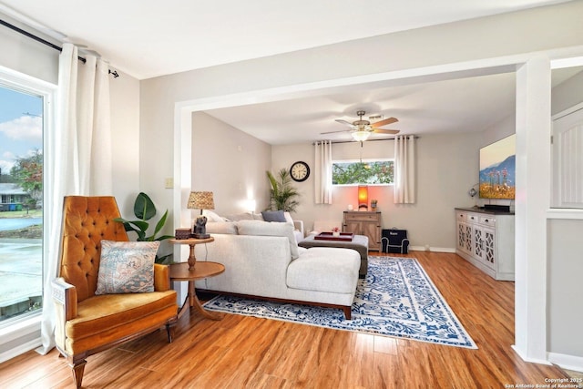 living room with ceiling fan and light hardwood / wood-style flooring