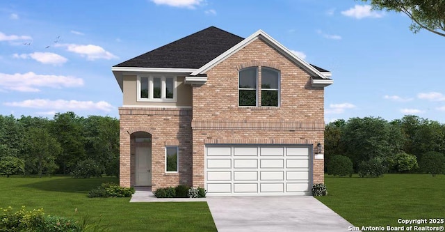 view of property featuring a garage and a front lawn