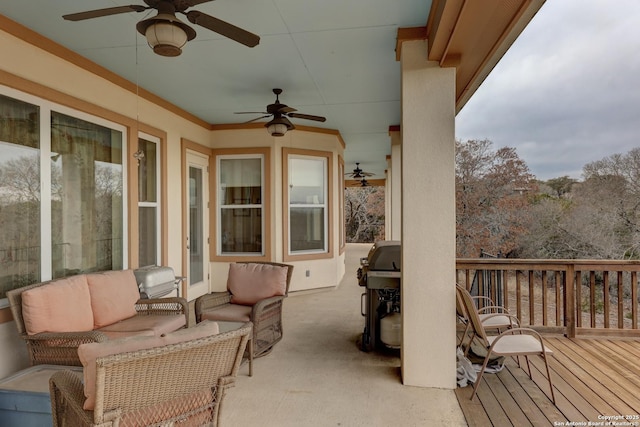 exterior space featuring ceiling fan and outdoor lounge area