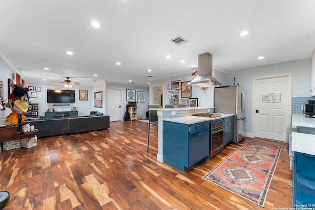 kitchen with appliances with stainless steel finishes, blue cabinets, a kitchen breakfast bar, island exhaust hood, and kitchen peninsula