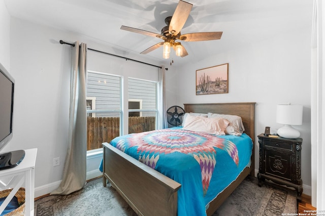 bedroom featuring light hardwood / wood-style floors and ceiling fan