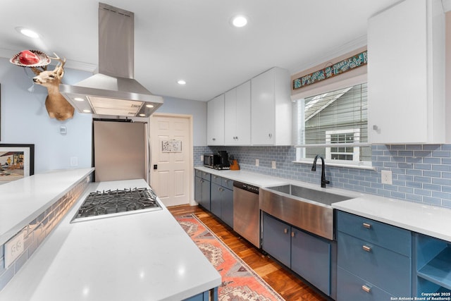 kitchen featuring dark hardwood / wood-style floors, island range hood, white cabinetry, stainless steel appliances, and blue cabinetry