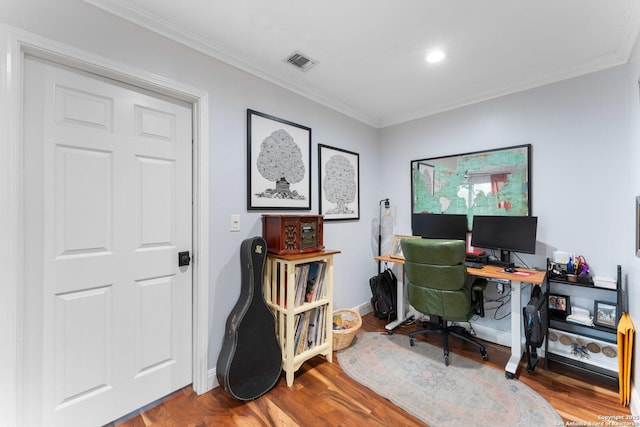 home office with crown molding and wood-type flooring