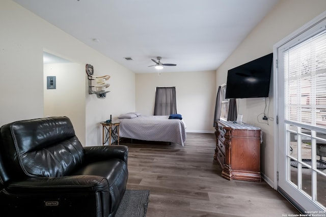 bedroom featuring hardwood / wood-style flooring and ceiling fan