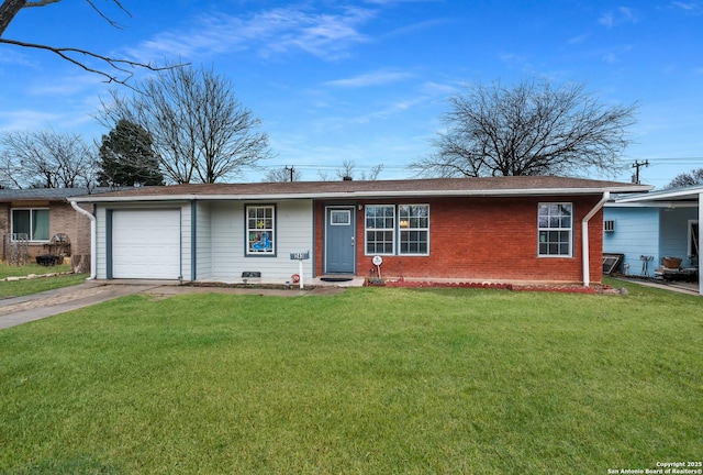 ranch-style house featuring a garage and a front lawn