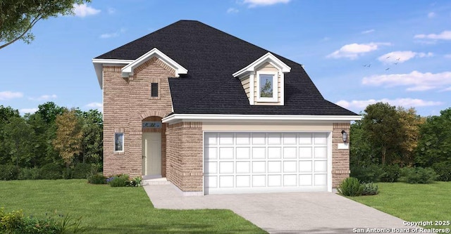 view of front of home with a garage, a front lawn, and concrete driveway