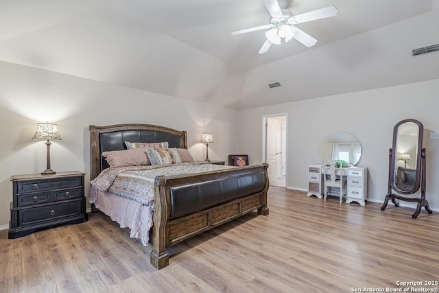 bedroom with lofted ceiling, wood-type flooring, and ceiling fan