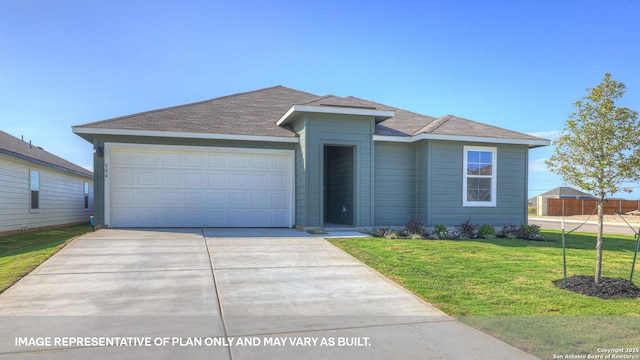 ranch-style house with a garage and a front lawn