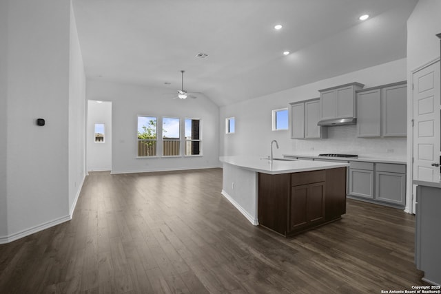 312 Hulda Trl, New Braunfels, TX 78130 - kitchen featuring a sink, ceiling fan, gray cabinets, light countertops, and vaulted ceiling