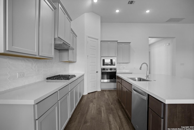 312 Hulda Trl, New Braunfels, TX 78130 - kitchen featuring a sink, stainless steel appliances, under cabinet range hood, dark wood-type flooring, and light countertops