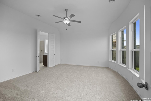 312 Hulda Trl, New Braunfels, TX 78130 - unfurnished room featuring light colored carpet, a ceiling fan, baseboards, and lofted ceiling