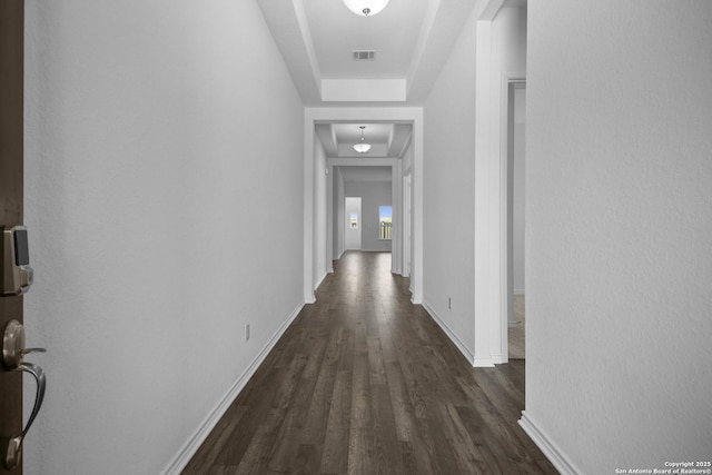 312 Hulda Trl, New Braunfels, TX 78130 - corridor featuring dark wood-type flooring, a raised ceiling, and baseboards