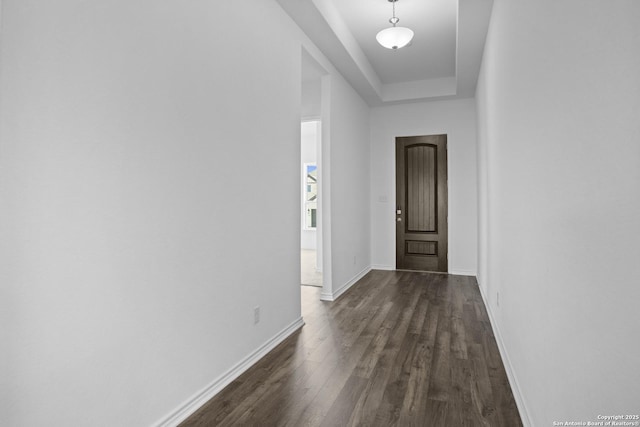 312 Hulda Trl, New Braunfels, TX 78130 - corridor with dark wood finished floors, baseboards, and a raised ceiling
