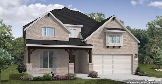 craftsman-style home featuring a garage and a front lawn