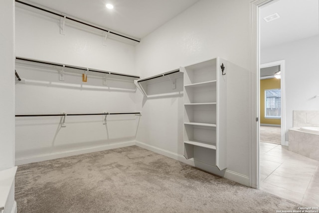 walk in closet with light colored carpet