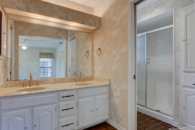 bathroom featuring vanity and walk in shower