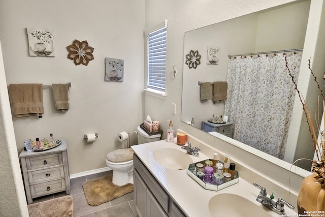 bathroom featuring vanity, tile patterned flooring, toilet, and a shower with shower curtain