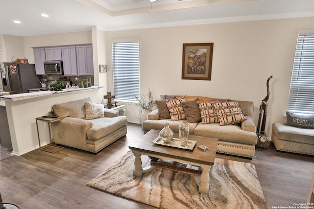 living room with dark wood-type flooring, ornamental molding, and a raised ceiling