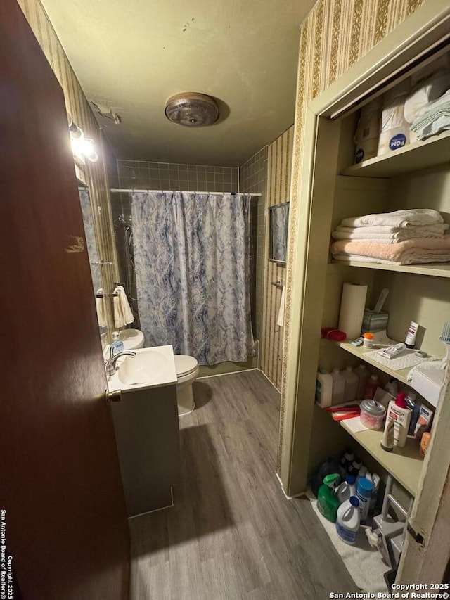 bathroom with wood-type flooring, toilet, curtained shower, and vanity