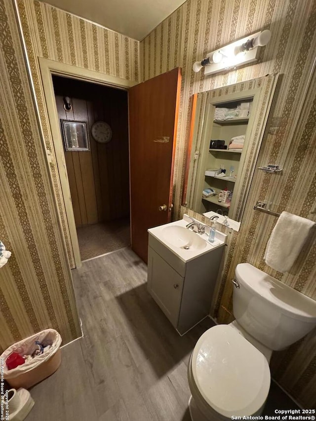 bathroom featuring wood-type flooring, toilet, and vanity