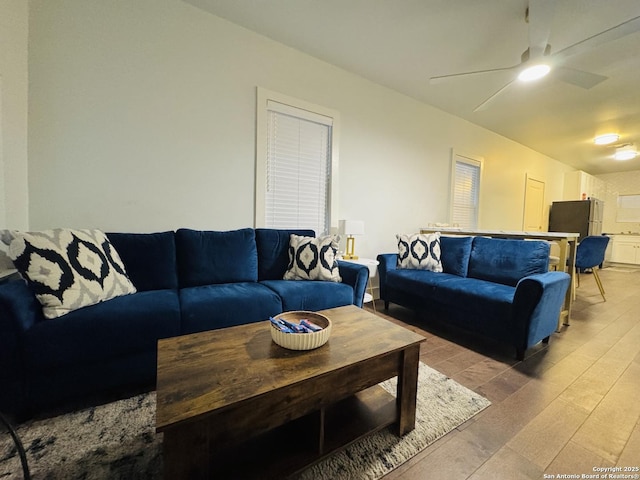 living room with ceiling fan and light wood-type flooring