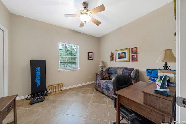 interior space featuring ceiling fan and light tile patterned floors