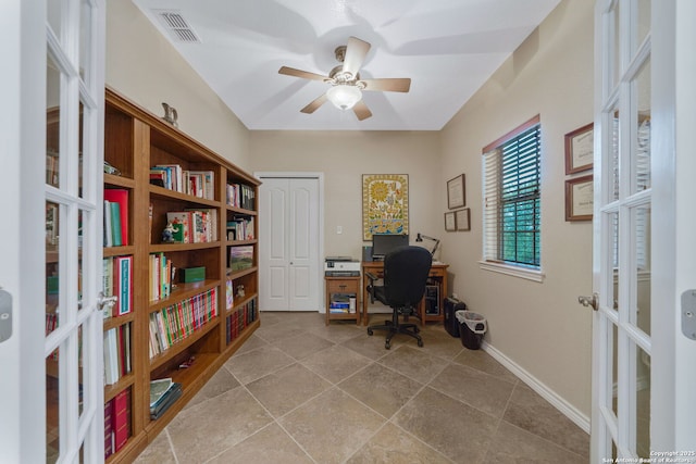 office featuring french doors and ceiling fan