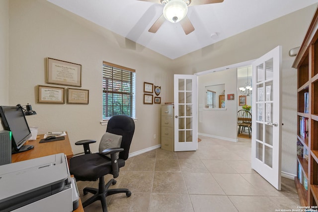 tiled office featuring french doors and ceiling fan with notable chandelier